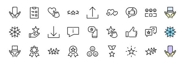 Egyszerű beállítás visszajelzés, vélemények vékony vonal ikonok. Értékelés, értékelés, STAR, hasonlók és még sok más, szerkeszthető stroke. Vektorillusztráció - Vektor, kép