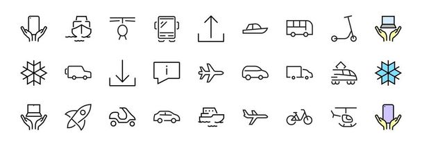 Set of public transport related vector line icons. Contains icons such as bus, bike, suitcase, car, scooter, truck, transport, trolley bus, sailboat, motor boat, plane and much more. Editable stroke - Vector, Image