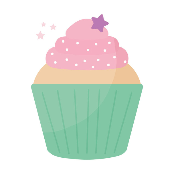 cupcake rematado con glaseado rosa y estrella púrpura en la parte superior - Vector, imagen