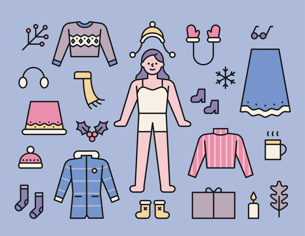 winter clothes and accessories icons set - Vector, Image