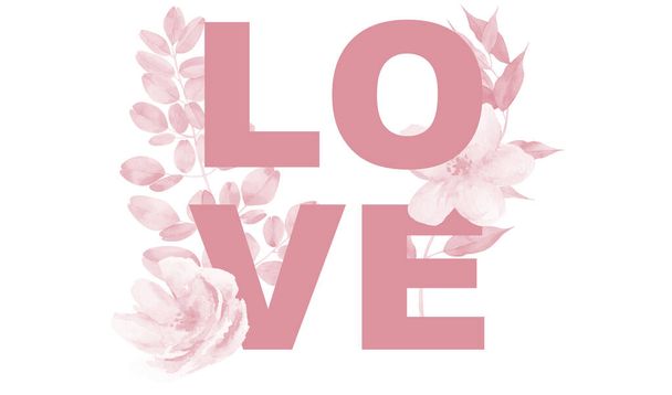 Love word with pink flowers and leaves. Sign design for website banners, headers, advertising and announcement. Watercolor for Valentine day. - Foto, Imagem