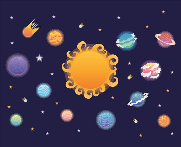group of cute planets over a space with stars background - Vector, Image