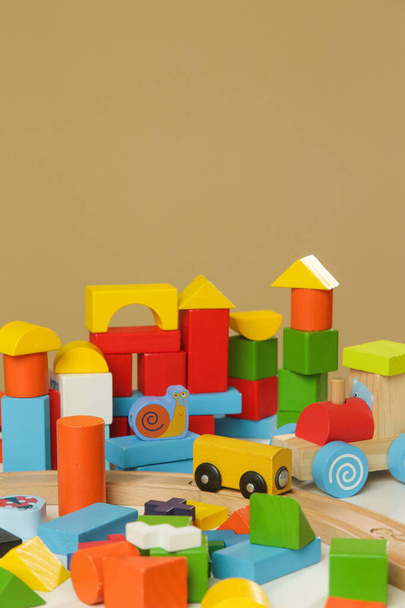 Colorful wooden children's blocks. Eco friendly, sustainable toys. - Photo, Image