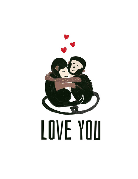 Abraçando macacos amo você modelo de cartão. Feliz dia dos namorados cartão de animal pintado à mão. Macaco amoroso com corações. Ilustração do macaco romântico - Foto, Imagem