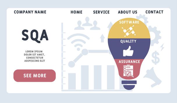 Шаблон векторного дизайна сайта. SQA - акроним обеспечения качества программного обеспечения. бизнес-концепция фона. иллюстрация для баннера сайта, маркетинговых материалов, бизнес-презентации, интернет-рекламы. - Вектор,изображение