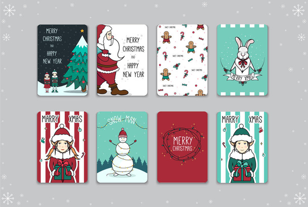 Image with New Years cards. Postcard with Christmas tree and elves, Santa, gingerbread man and caramels, bunny, elf girl, snowman, garland, elf boy. Vector illustration. - Vector, Image