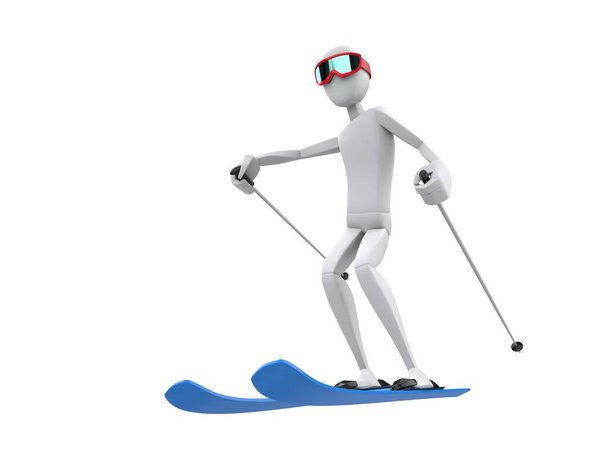 Kırmızı gözlükleri ve mavi kayakları olan beyaz kayakçı. - Fotoğraf, Görsel