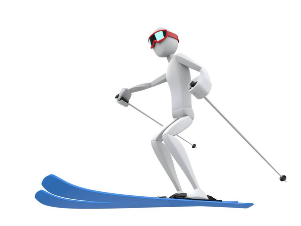 Білий лижник з червоними окулярами і синіми лижами - низький кут пострілу
 - Фото, зображення
