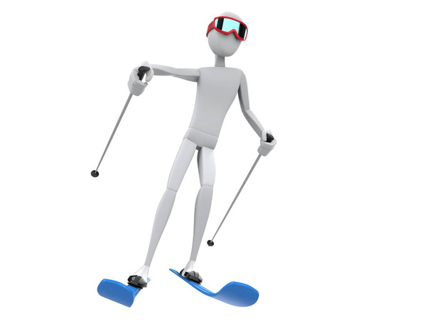 Білий лижник з червоними окулярами та блакитними лижами - вид спереду
 - Фото, зображення