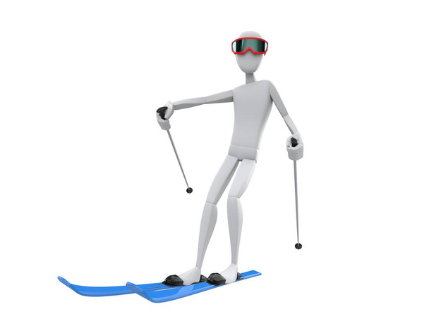 Kırmızı kayak kıkırdayan ve mavi kayak yapan kayakçı karakter - Fotoğraf, Görsel