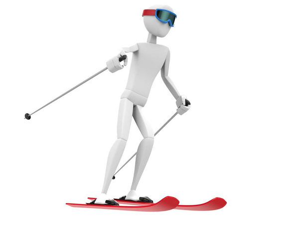 Mavi gözlükleri ve kırmızı kayakları olan kayakçı. - Fotoğraf, Görsel