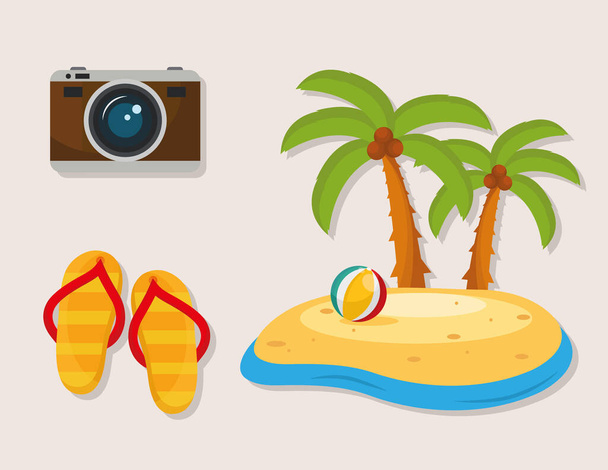 beach scene with balloon and set travel icons - Vector, Image
