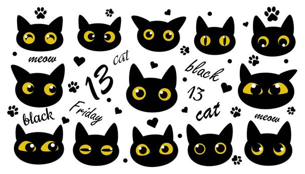 Набір з 13 чорних котів з різними емоціями та очима. Веселі позитивні тварини для модних принтів, текстилю, дизайну, одягу
. - Фото, зображення