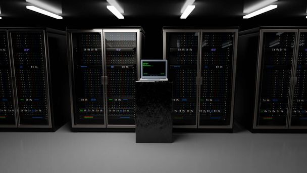 Центр обработки данных серверной. Резервное копирование, майнинг, хостинг, мэйнфрейм, ферма и компьютерная стойка с информацией для хранения. 3D рендеринг - Фото, изображение