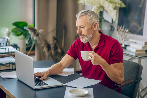 Grey-haired man sitting at the laptop and having coffee - Fotó, kép