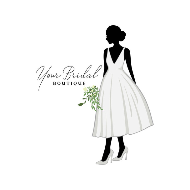 Όμορφη νύφη κοντό φόρεμα με μπουκέτο λουλούδι, Νυφικό Boutique λογότυπο, Νυφικό φόρεμα λογότυπο διάνυσμα πρότυπο σχεδιασμού - Διάνυσμα, εικόνα