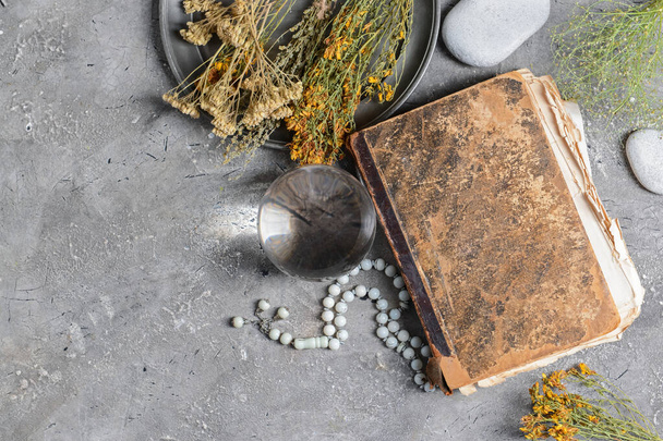 Accessories of fortune teller on grey background - Fotó, kép