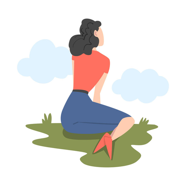 Woman Character Sitting on Grass and Looking Ahead as into Bright Future Vector Illustration - Vektor, kép