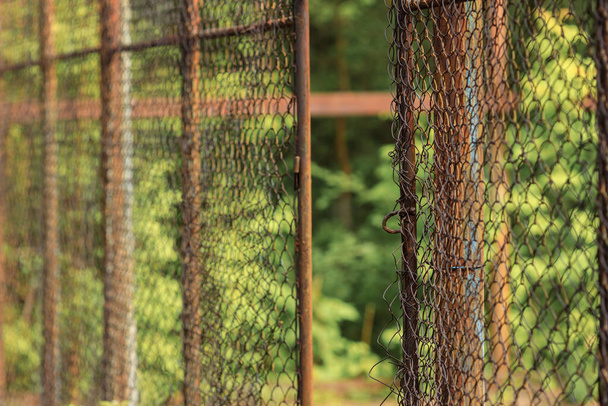 a mesh fence stretching into the distance, a rusty metal grill. background blurred forest - Foto, immagini