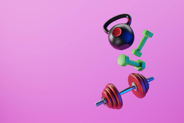 Dumbbells and Kettlebells floating abstractly in the air. 3d illustration - Fotó, kép