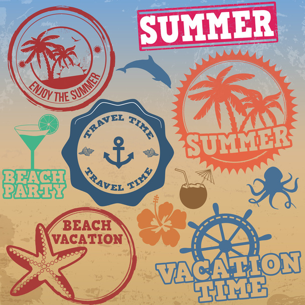 set van zomer vakantie postzegels - Vector, afbeelding