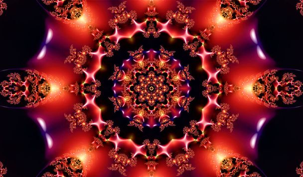 fondo abstracto con un hermoso mandala con vidrio rojo con una variedad de ornamentos fractales e iluminación - Foto, imagen