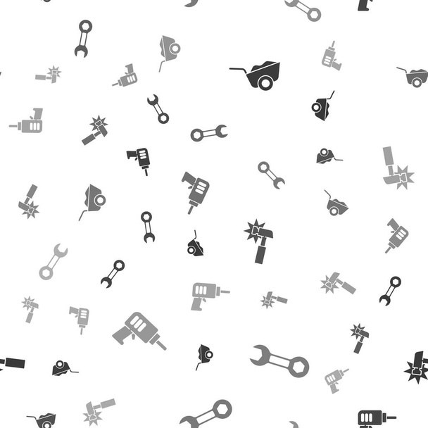 Set Wheelbarrow, Wrench spanner, Hammer and Electric drill machine on seamless pattern. Vector. - Διάνυσμα, εικόνα