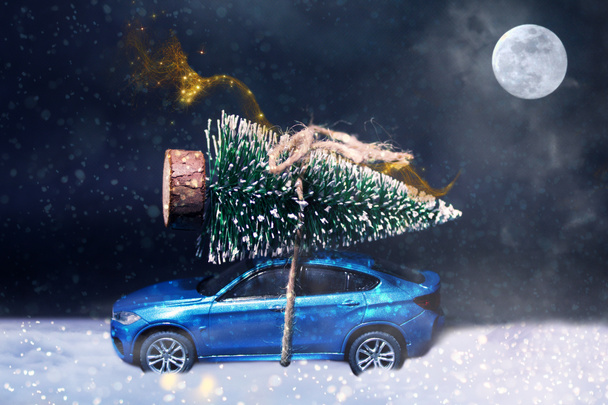 青い乗用車は霧の中で屋根に縛らクリスマスツリーを持っています。その雪。クリスマスのコンセプト-美しい家族のためのクリスマスツリーを運転する車クリスマス. - 写真・画像