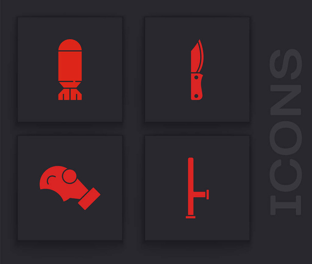 Set Police rubber baton, Aviation bomb, Military knife and Gas mask icon. Vector. - Vector, Image