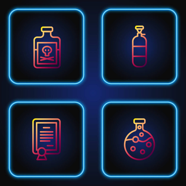 Set line Test tube and flask, Certificate template, Poison in bottle and Propane gas tank. Gradient color icons. Vector. - Vector, Image