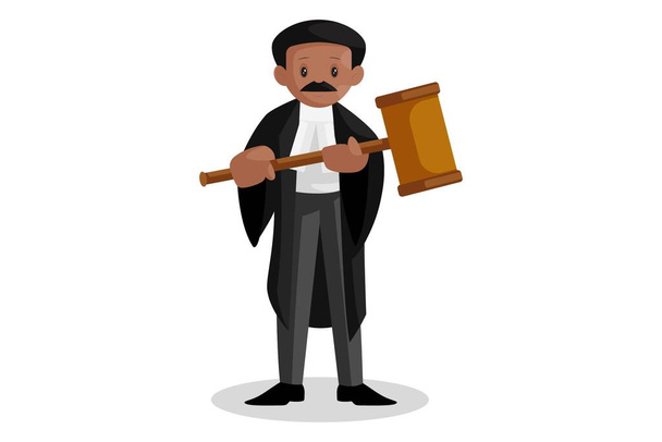 Vector graphic illustration. Indian lawyer is holding a hammer in his hands. Individually on white background. - Vector, imagen