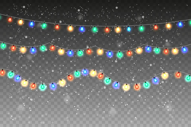 Christmas lights. Colored bright garland with falling snow isolated on transparent background. Glowing lights for postcard backgrounds and banners. Vector illustration - Photo, Image