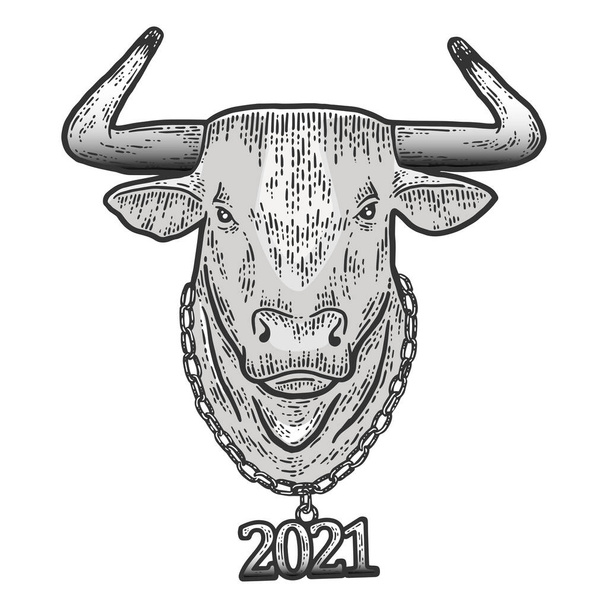 Nový rok, ocelová býčí hlava s řetězem2021. Sketch scratch board imitace. - Fotografie, Obrázek