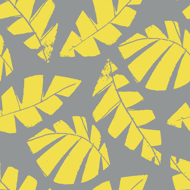 Estilo de impresión mono hojas dispersas sin costura vector patrón de fondo. Texturizado cortado follaje amarillo sobre fondo gris. Diseño pintado a mano. Todo sobre la impresión para los productos de otoño - Vector, Imagen