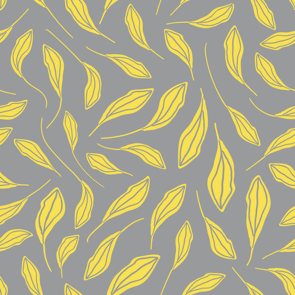 Yellow vector narrow leaves seamless pattern background. Organic hand drawn gold foliage on warm grey backdrop. Elegant botancial painterly illustration. At home crafted design vibe. All over print. - Вектор,изображение