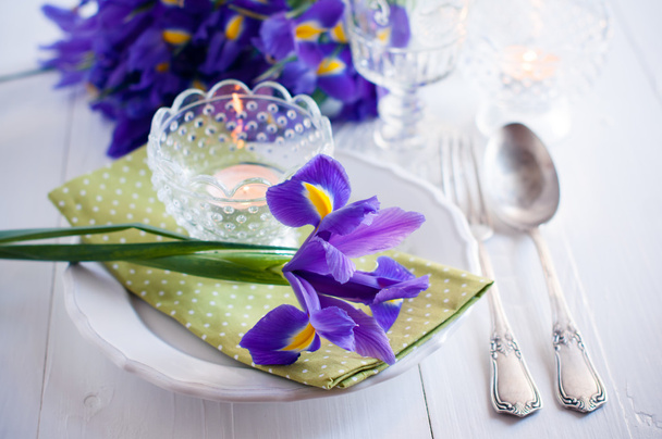 cadre de table avec des fleurs d'iris violet
 - Photo, image