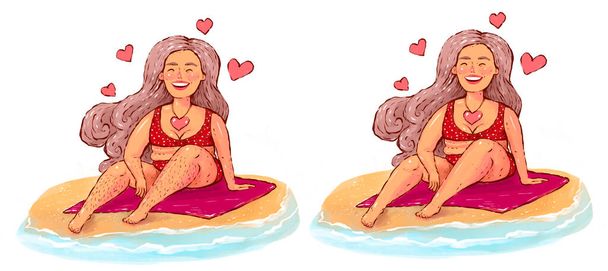 иллюстрация пухлой девушки на пляже в купальнике. Тело позитивное, самопринятие, самолюбие. Девушка с небритыми ногами, с бритыми ногами. - Фото, изображение