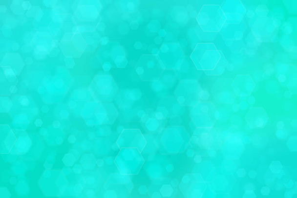 blue and green abstract defocused background with hexagon shape bokeh spots - Photo, Image