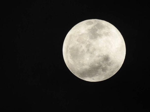 Nahaufnahme von Real and Natural Full Moon in the Sky bei Nacht in Bangalore, Karnataka, Indien vor schwarzem Hintergrund - Foto, Bild