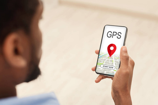 Black Man Browsing Gps App On Smartphone, Tracking Geolocation - Photo, Image