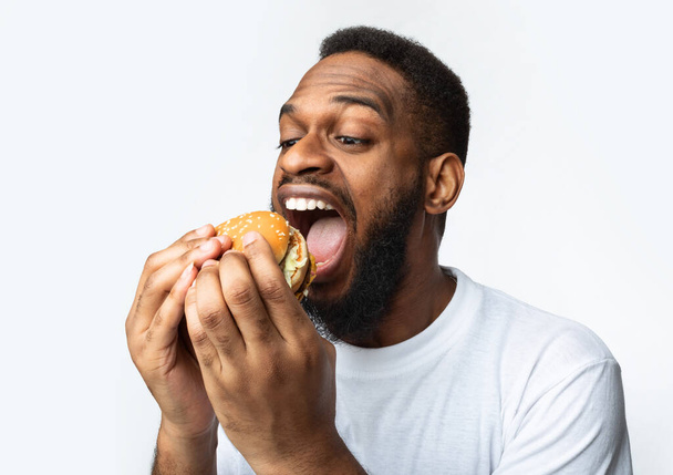 Hombre africano comiendo hamburguesa codiciosamente disfrutando de comida rápida sobre fondo blanco - Foto, imagen