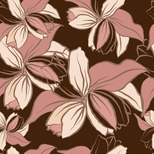 Декоративні квіти для дизайну. Орнамент з рожевих квітів і листя на коричневому фоні. Квітковий безшовний візерунок. Векторні ілюстрації
. - Вектор, зображення