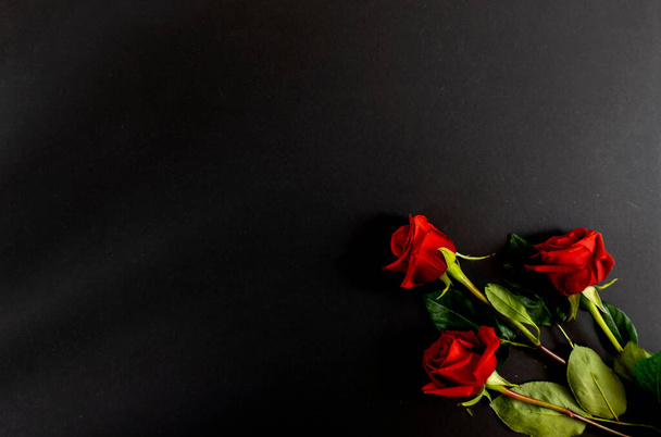 Rode rozen op een zwarte achtergrond, ansichtkaart, banner, Flat Lai op de begrafenis - Foto, afbeelding