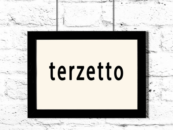 Черная деревянная рама с надписью terzetto висит на белой кирпичной стене  - Фото, изображение