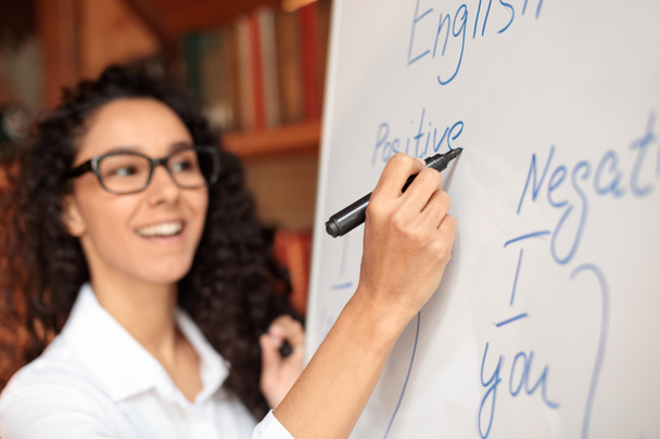 Gülen İngilizce öğretmeni tahtaya yazı yazıyor, kuralları anlatıyor. - Fotoğraf, Görsel