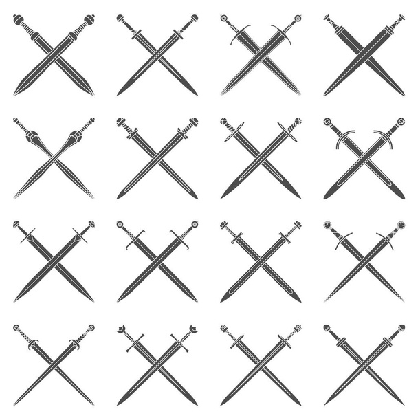 Set of simple black vector emblems of crossed short swords. - Vector, Image