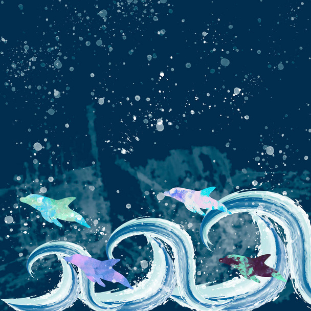Delfines en el mar nocturno. Delfín acuarela y olas. Ilustración hecha a mano. Dibujo abstracto de animales marinos. Elemento artístico para el diseño. - Foto, Imagen
