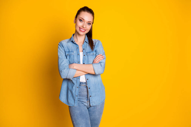 Photo of attractive pretty girl cross hands enjoy decide work decision choice wear good look outfit isolated over vivid color background - Valokuva, kuva