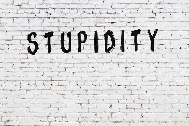Inscription stupidity written with black paint on white brick wall. - Foto, Bild