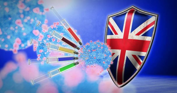 koronavirusrokotus Yhdistyneessä kuningaskunnassa - 3D-renderointi - Valokuva, kuva